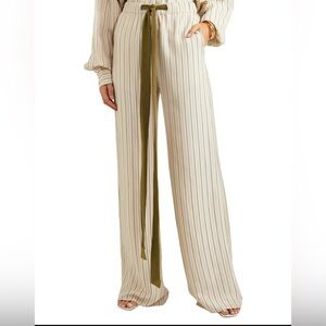 Wide Leg Stripe Pull-On Pants in Cream with Olive Tie